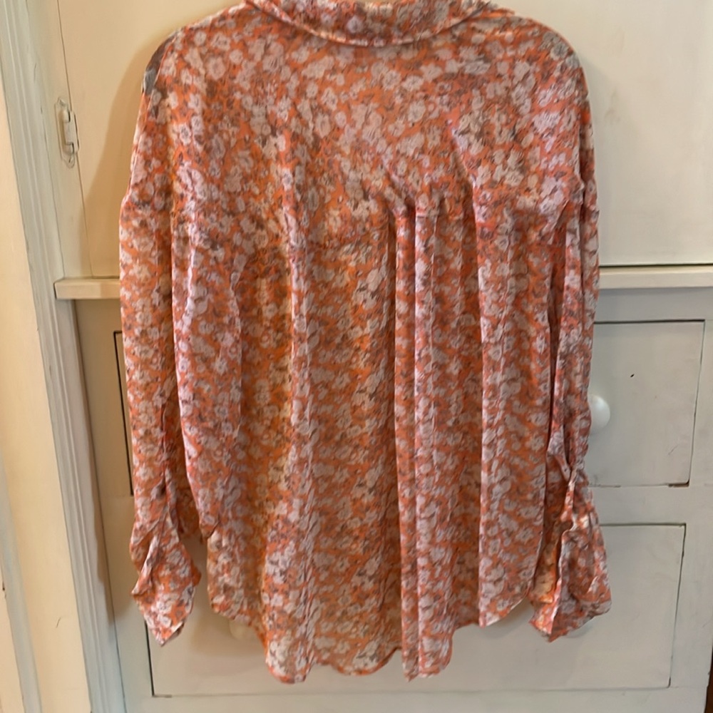 Free People Pale Peach Floral Sheer Button Down Blouse with Front Pockets - Picture 6 of 6